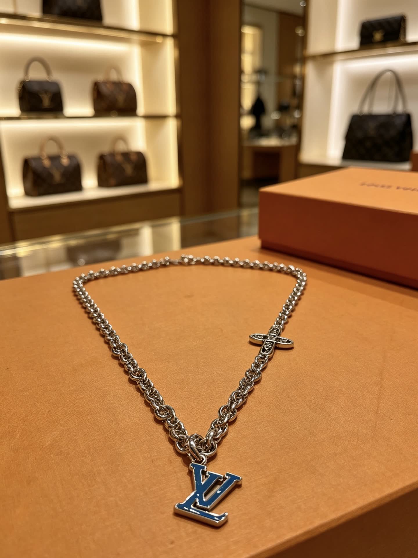 Louis Vuitton Silver Chain Necklace with LV Logo
